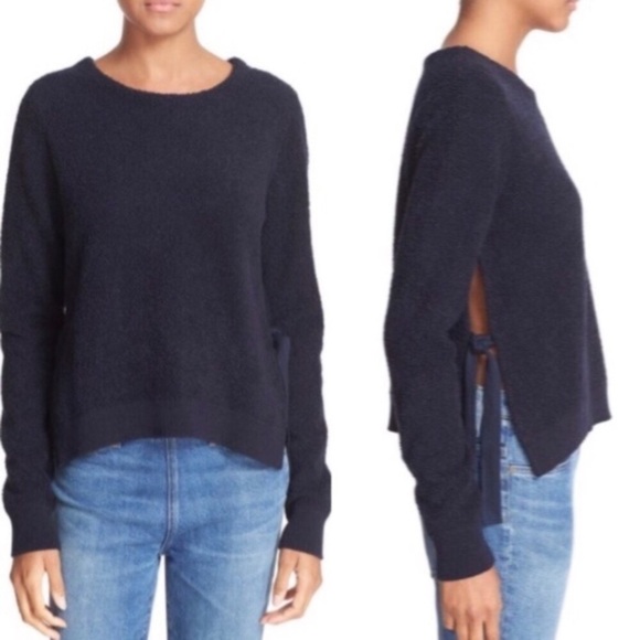 ELIZABETH AND JAMES Navy Blue Looped Wool Cashmere Blair Side Tie Sweater EUC M - Picture 1 of 8